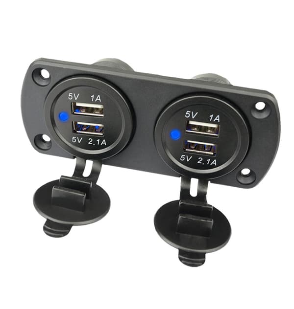 Dubbel USB-billaddare med blått ljus (panel med 2 uttag) Svart