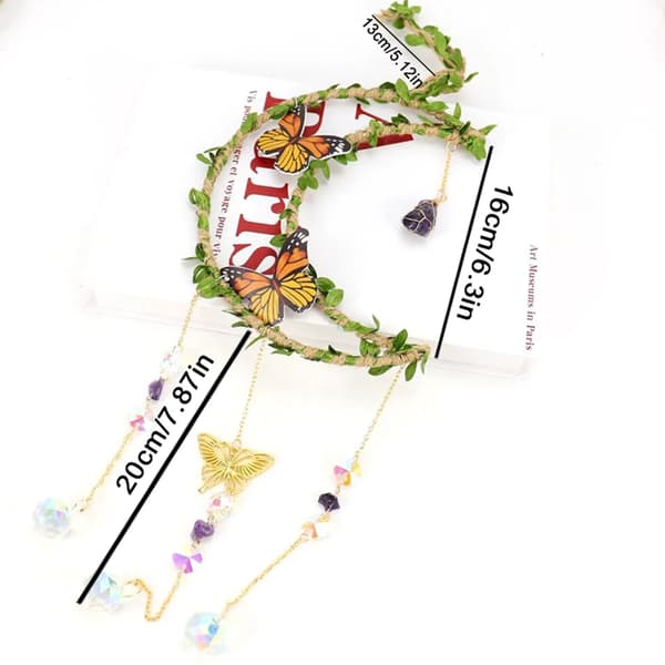 Yellow Butterfly Crystal Suncatcher, Window Hanging Decoration, Moon & Leaf Design