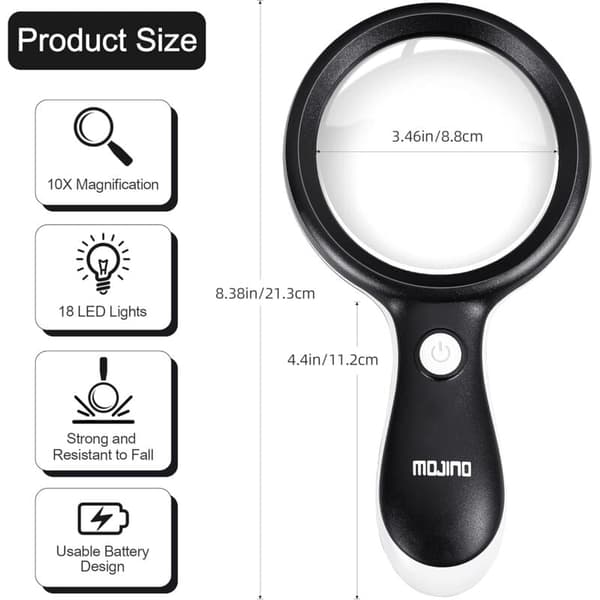 10X Magnifying Glass with 3 Light Modes 18 LED Lights for Reading, Inspection, Crafts - Black - Compatible with Braun