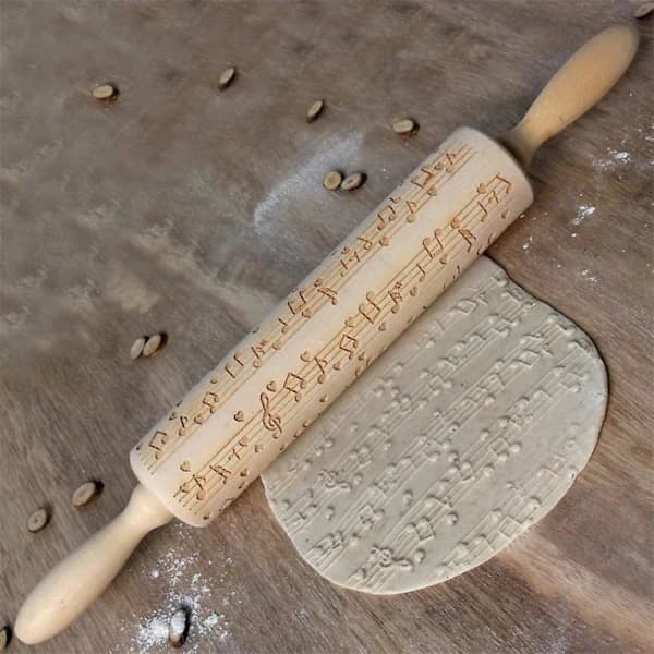 Christmas Tree Shaped Wooden Rolling Pin with Music Notes Engraved Embossing Rolling Pin with Christmas Symbols Kitchen Baking Tool