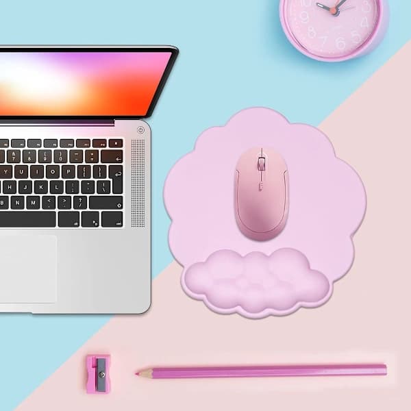 Ergonomisk musemåtte med håndledsstøtte og læderoverflade til computer, bærbar, kontor, hjem, rejser, skridsikker bund, pink