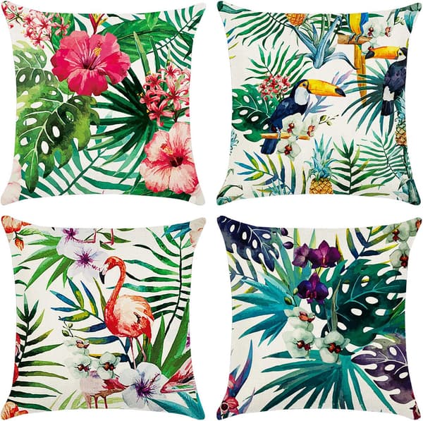 Trekk 45 x 45 cm, sett med 4 putetrekk i bomull og lin, putetrekk til sofa, hageseng, sofaputer (Blomst-7)