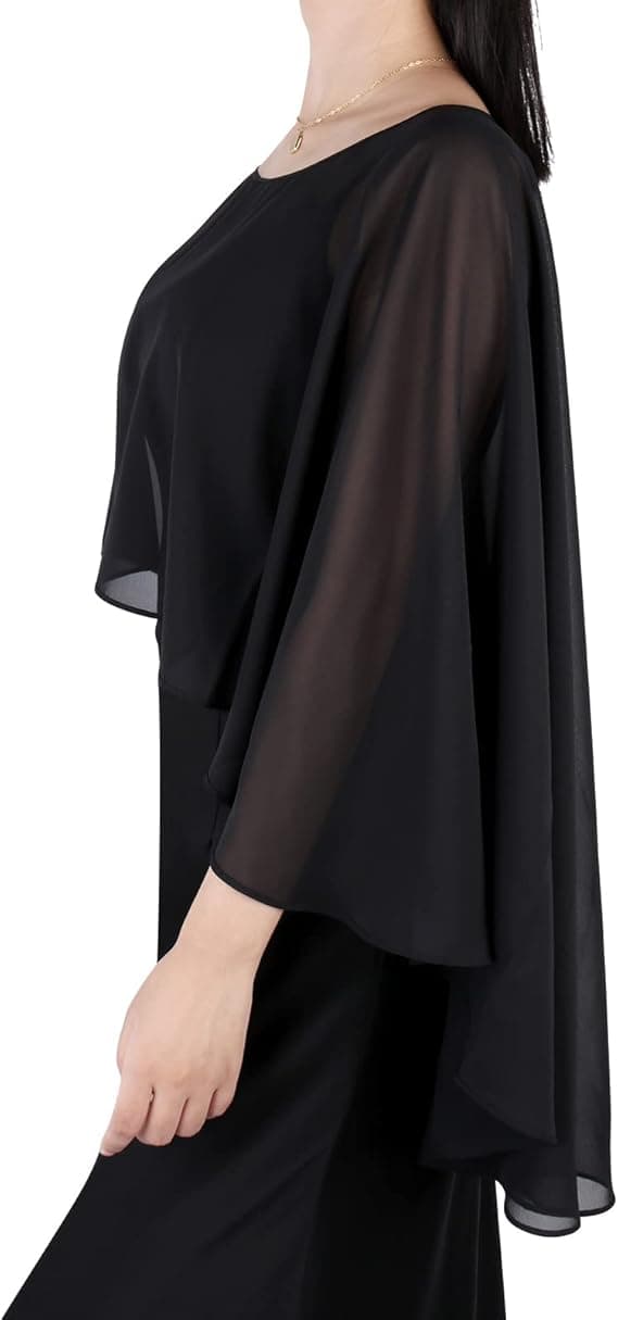 Gennemsigtige chiffon-capes, bløde capelets til kvinder, lette sjaler og omslag til aftenkjoler, sort