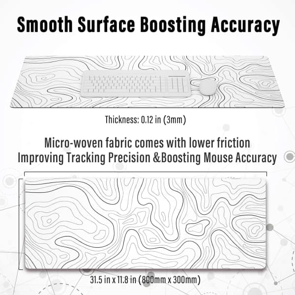 Large Gaming Mouse Pad with Stitched Edges, Minimalist Topographic Map Desk Mat, Extended XL Mouse Pad with Non-Slip Base, 80 x 30 cm, White