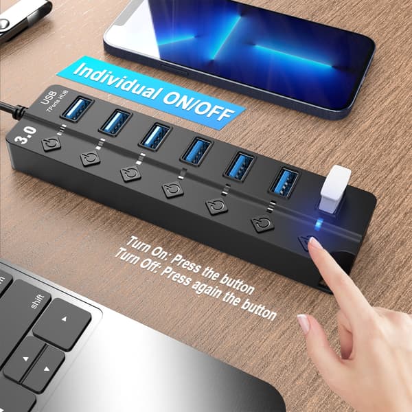 7-porters USB 3.0-hub-splitter for bærbar PC og stasjonær PC USB-adapter med individuelle brytere