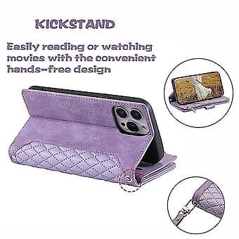Wallet Case Compatible With Iphone 14 Pro Max/14 Pro, Grid Pattern PU Leather + Soft TPU Frame Protection With Lanyard