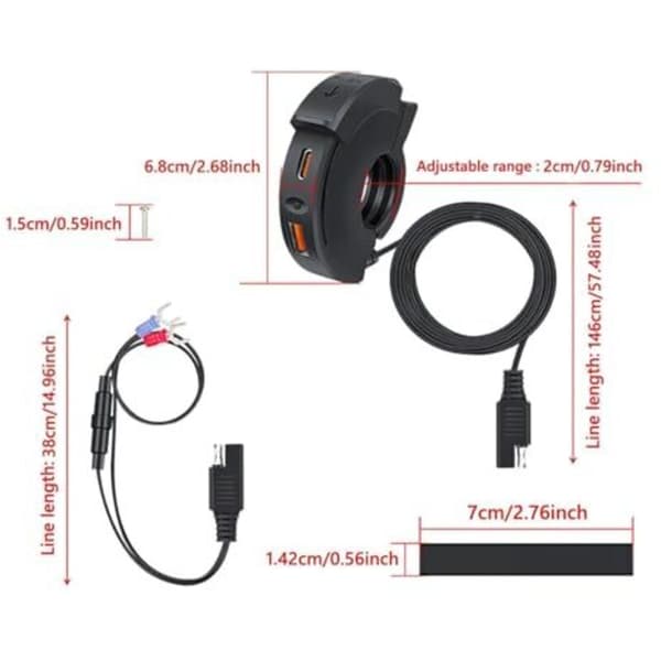 Motorcycle USB Charger 48W 2 Ports QC3.0 18W PD3.0 30W with Switch IP65 USB-C Socket 12-24V Fast Charging Compatible with Phone GPS Camera