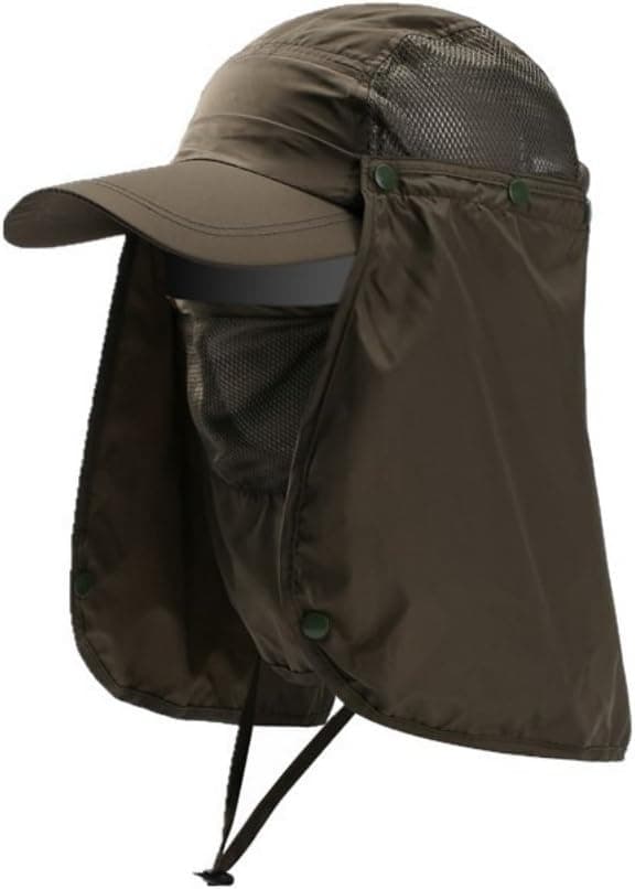 Khaki solhat til fiskeri, strandhat med bred skygge og ansigtsbeskyttelse, anti-UV