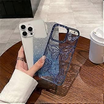 Kompatibelt deksel til iPhone 16 Pro 3D Sommerfugl TPU Telefondeksel med Gradient Glitterpapir (Blå)