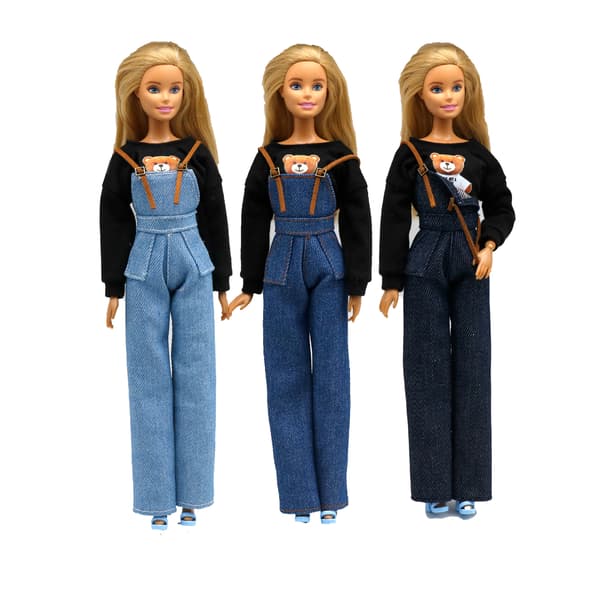 Set med babydocka klänning, denimryggsäck, byxor och sweatshirt set