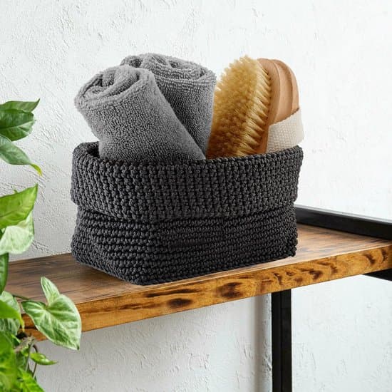 Crocheted Storage Basket - Compact - Black - Synthetic Fiber - 21x13x15.5 cm