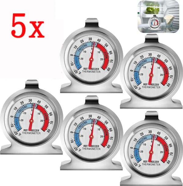 5x køleskabstermometer i rustfrit stål, stor urskive med rød display