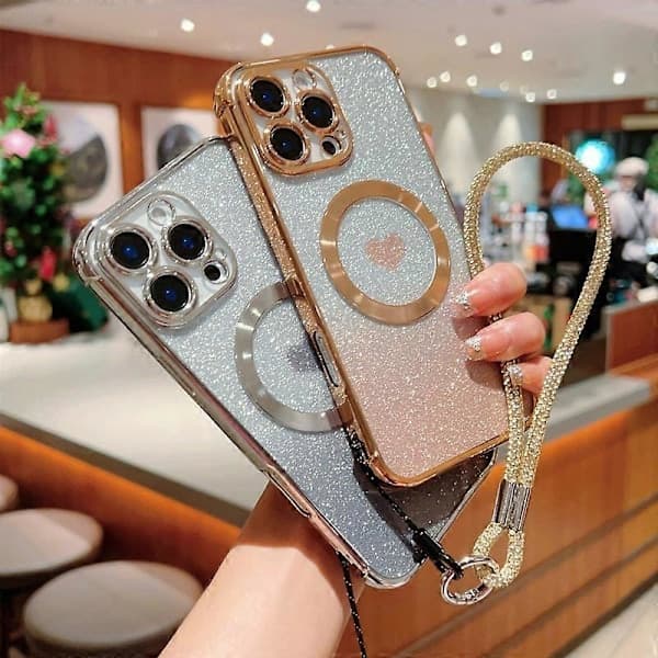 Cover til iPhone 16 Pro Max Kompatibelt med MagSafe TPU Telefoncover med Rem Hjerte Gradient Glitter
