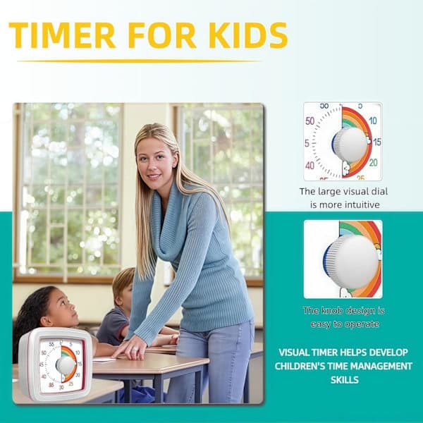 Visuel timer til børn og voksne, 60-minutters nedtællingstimer til klasseværelse, køkken, kontor, Pomodoro-timer til tidsstyring for småbørn med ADHD (hvid)