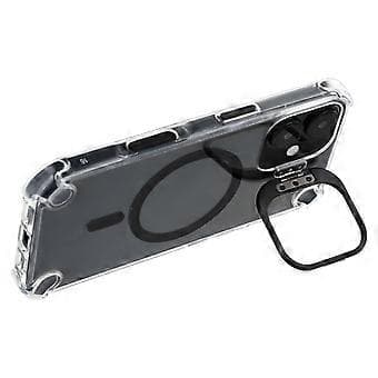 Compatible with iPhone 16 Magnetic Transparent Case Shockproof Hybrid Phone Cover with Camera Lens Frame Stand (Black)