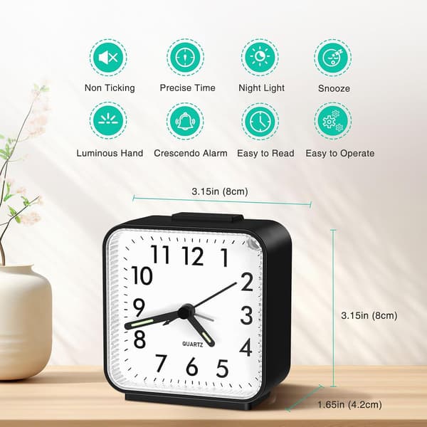 Silent Alarm Clock Analog Non-Ticking Wall Clock with Luminous Hands, Snooze and Light, Ascending Beep, Large Display, Easy to Read and Use