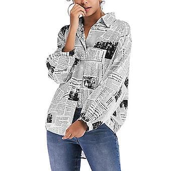 Trykte damegensere avisprintede langermede bluser (XL Blå) Blå XL Blue XL