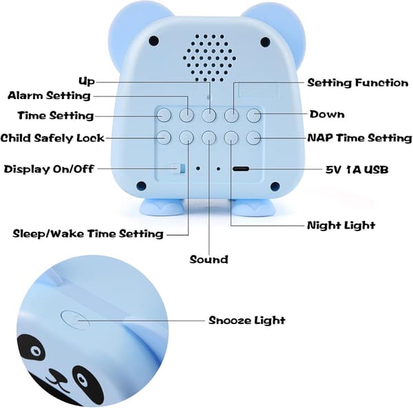 Children's Alarm Clock with Night Light 5 Colors Brightness Adjustable Lights Speaker Timed Switches Automatic Temperature Display Light Blue
