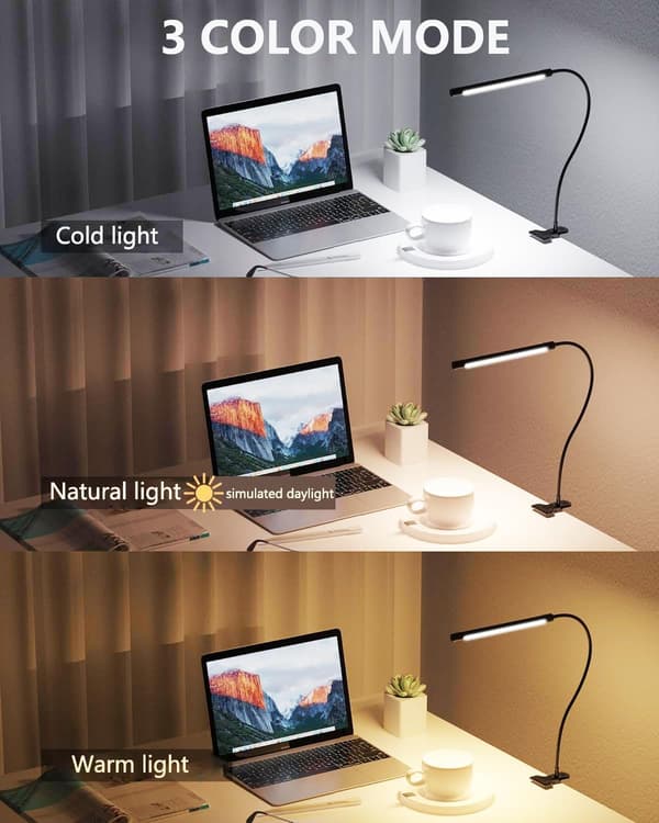 Clip-on Lamp LED Desk Lamp USB Gooseneck Eye Protection Reading Light Adjustable 3 Color Modes