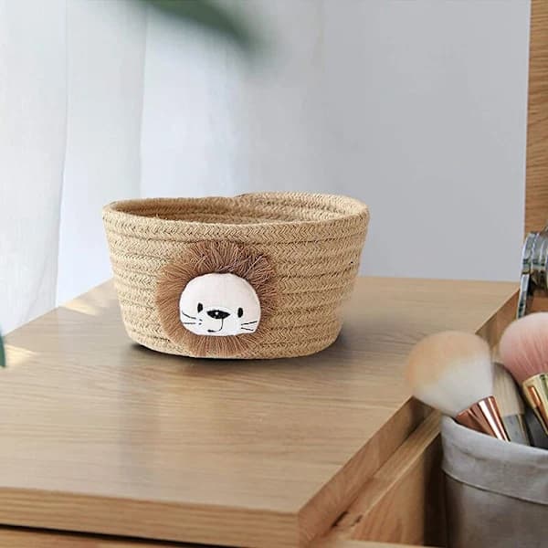 Cotton Storage Basket, Woven, Foldable, Lion Motif for Desk, Cosmetics, Snacks, Remote Control, Yellow 16 x 9 cm