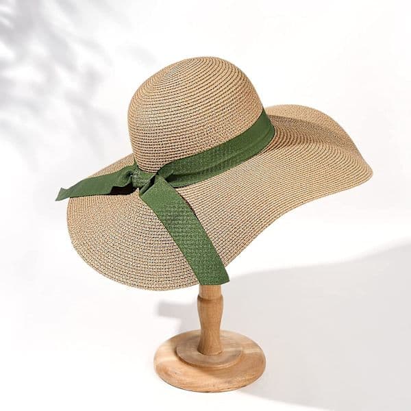 Stråhat til kvinder, bred skygge, Upf 50 sommerhat, foldbar, rullebar, floppy strandhat, grøn