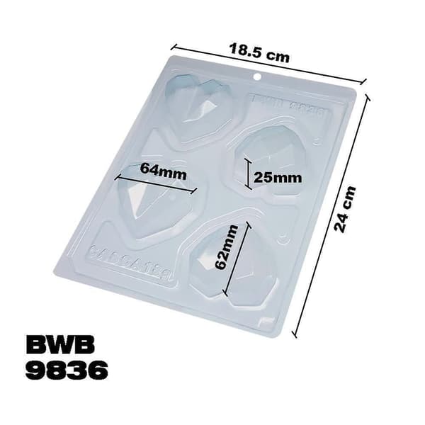 Pralineform Diamant Hjerter 4stk Chokoladeform - BWB 9836 - Special 3-delt form Transparent transparent