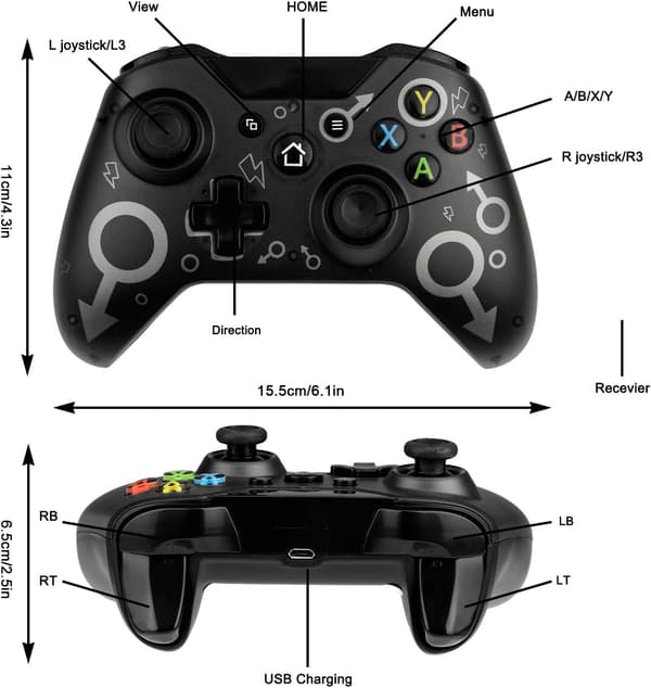 Wireless Xbox One Controller, Xbox Controller with 2.4 GHz Wireless Adapter, Compatible with Xbox One X/Xbox One S/PS3 and PC (Black)