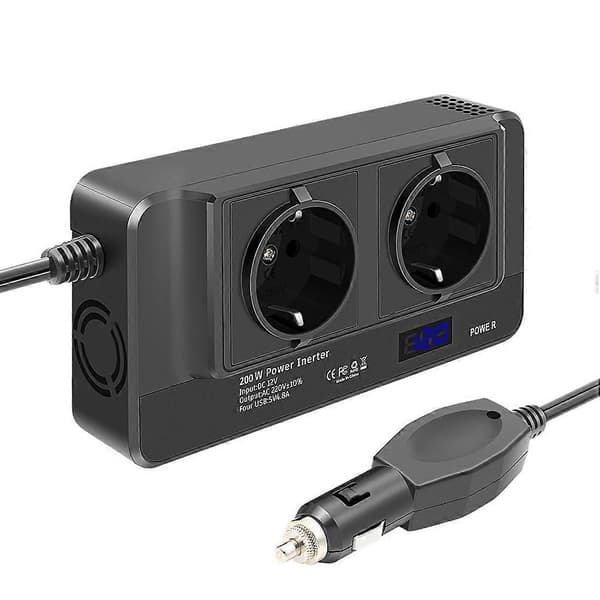 200W Bilomformer, Spenningsomformer 12V til 220V med LCD, (EU-kontakt)