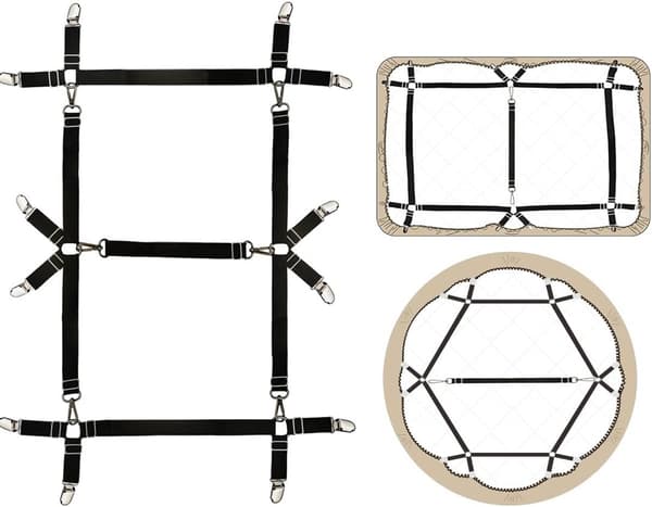Lagenstrammere, lagenholdere, dynebetrækclips, justerbar elastik, sort, 2,5 cm