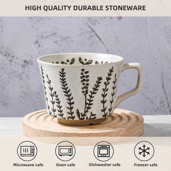 SBSG Ceramic Coffee Mug, 355 ml Unique Teacup with Large Handle, Stoneware Mug for Tea Mocha Latte Cappuccino Espresso (1-pack, Leaves)