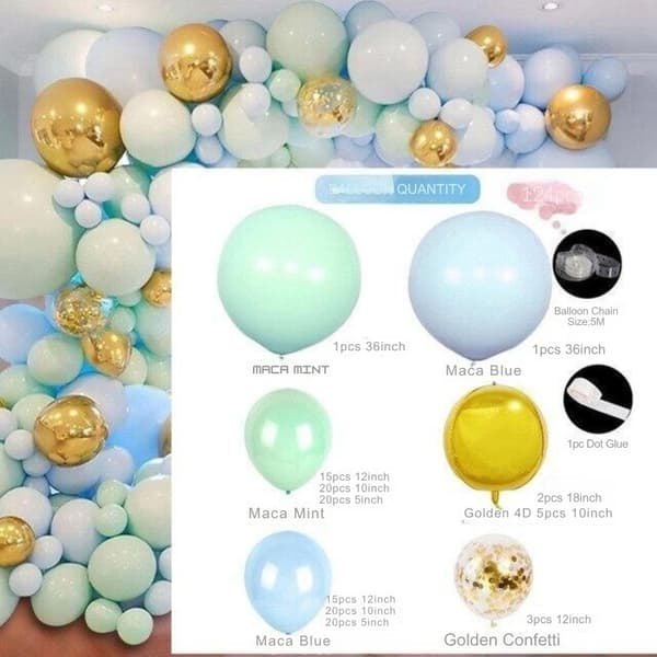 Stor ballongbåge mintgrön blå | 124 st med 7 st guldfärgade 4D stora ballonger Blå blue Blå blue