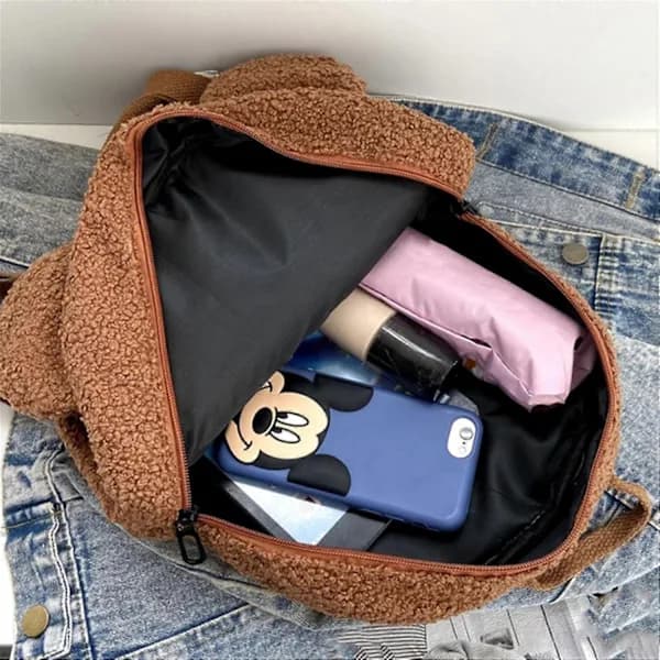 Cute Backpack for Women Men Winter Trendy Plush Shoulder Bag Comfortable Lightweight Zipper Backpack, Brown