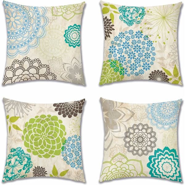 Kuddfodral, Triomphe Set med 4 Linnesoffkuddar för Hem, Vardagsrum, Sovrum, Heminredning 45 x 45 cm (Dahlia Blå och Grön)