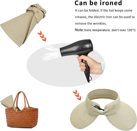 Kvinders bredskyggede stråsolhat, foldbar hat, strandhat med hestehale og opbevaringspose, sommer, sort, hvid, beige (2-pak)