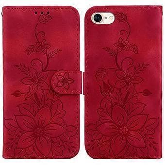 Compatible with iPhone SE 2020 Embossed Lily Wallet Case with Card Holder PU Leather Flip Case - Red Red