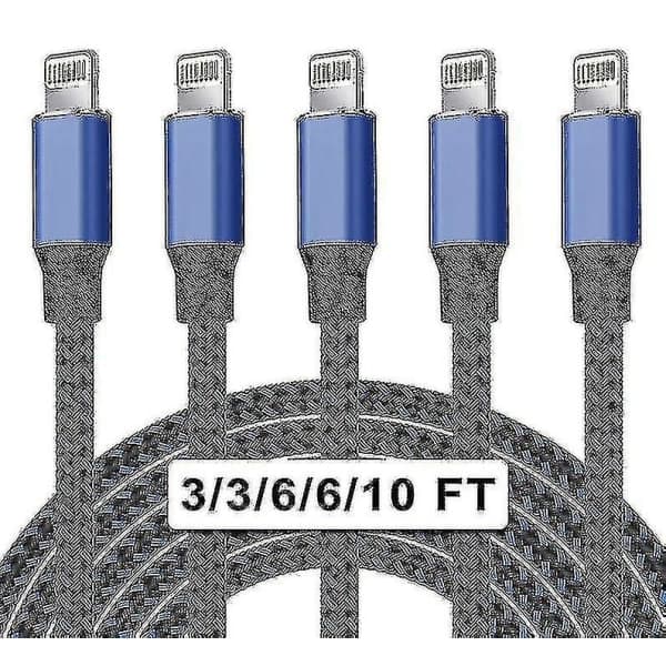 5-pak nylon iPhone opladerkabel Lightning hurtigopladning