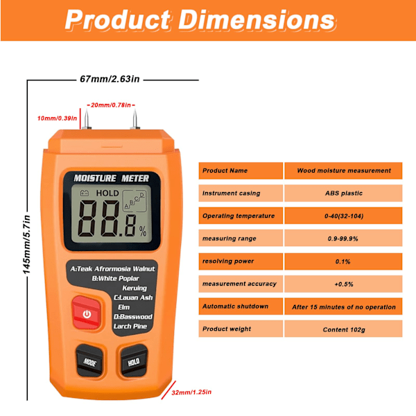 Wood Moisture Meter, Timber Moisture Meter with Backlit LCD Screen, 4 Measurement Modes, Leak Detector for Walls, RVs and Timber.