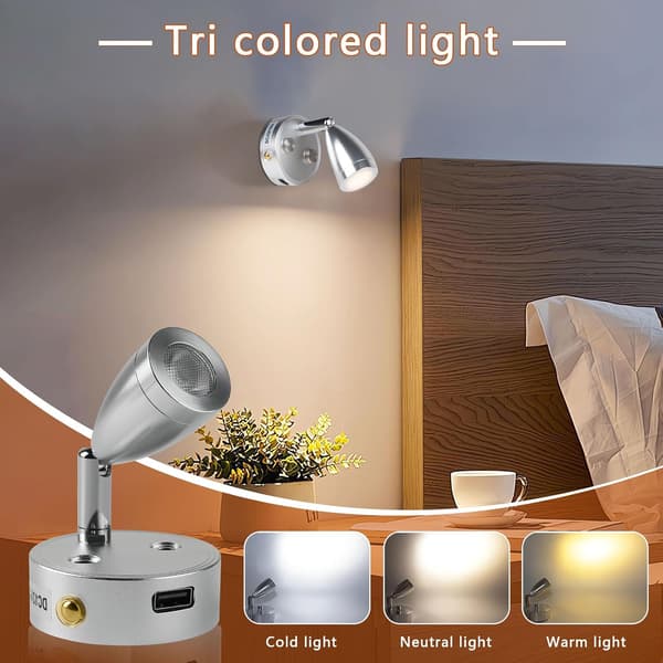 Sæt med 2 12V dæmpbare LED-lamper med USB, 3-6000K, 3W LED-spotlights til autocampere, med justerbar kontakt