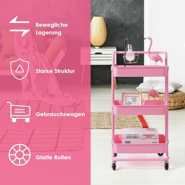 Metallvogn med 3 etasjer og hjul, rosa, enkel montering