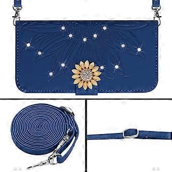 Compatible with iPhone 7/8 Embossed Sunflower with Diamonds Magnetic Card Holder Wallet Phone Case with Shoulder Strap - Blue Blue Blue