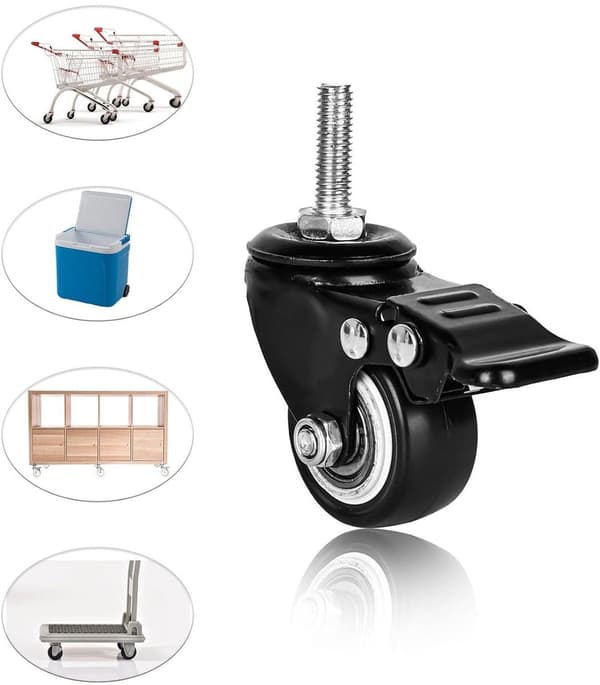 M8 Heavy Duty Threaded Swivel Casters, Rubber Wheels - Set of 2 with Brakes + 2 Without