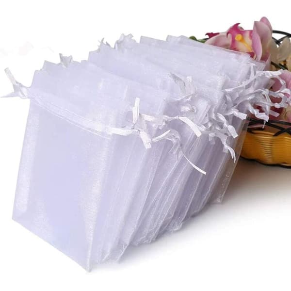 100 stk Premium Organzaposer Hvite Bryllupsgaveposer med Snor 10 x 12 cm