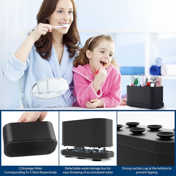 Silicone Toothbrush Holder with Suction Cup, 5 Compartments, Black, 18 x 9.7 x 8.5 cm
