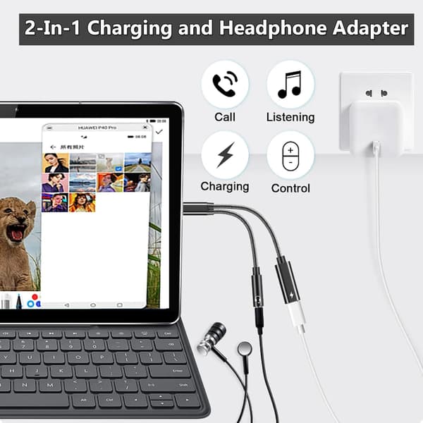 USB-C till 3,5 mm Jack Hörlursadapter, 2-i-1 Typ C Ljudladdningskabeladapter, Flätad Typ C Hörlursljudkabel