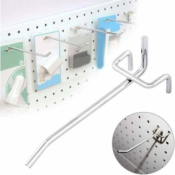 50-pack perforated hooks, galvanized carbon steel, 10 cm long, 3.2 cm wide. For storing tools and supplies.