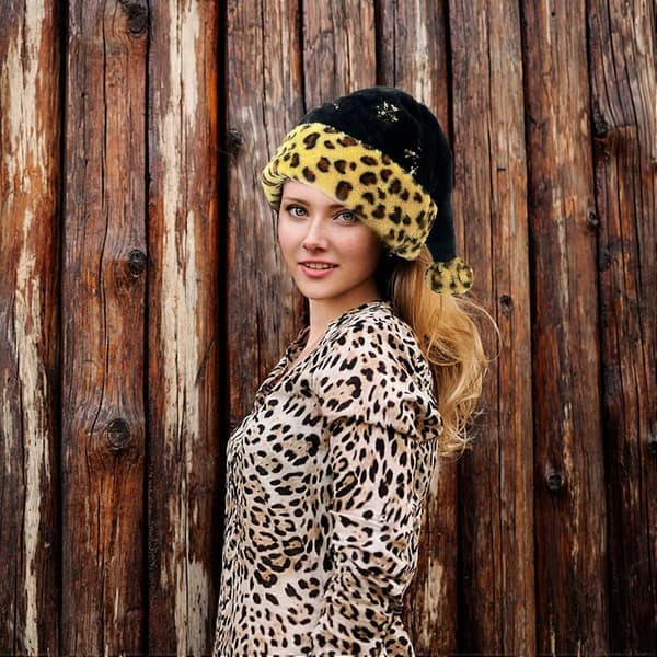 Svart Jultomtehatt Leopardmönster Jultomtehatt Paljetter Plysch Jul