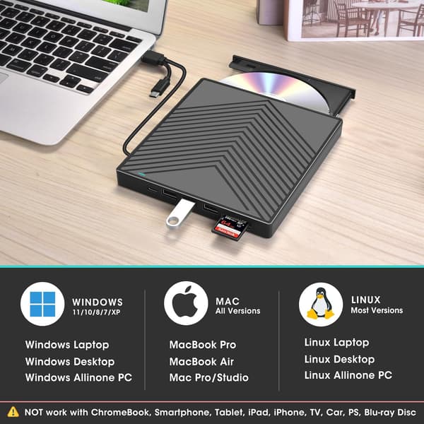 Ekstern CD DVD+/-RW-drev med SD-kortlæser og USB 3.0/2.0-porte til bærbar Mac, PC Windows