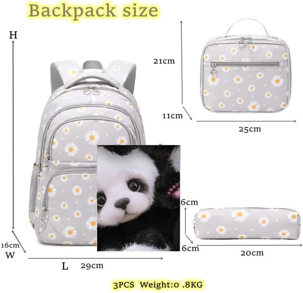 Daisy Print Girls Backpack Primary School Bag Elementary School Students Daypack with Lunch Bag Black