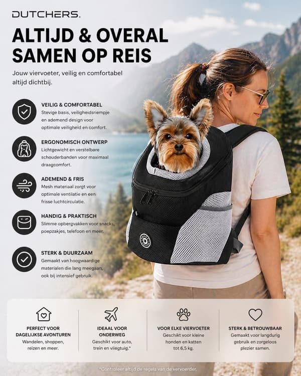 Kæledyrsrygsæk med åndbart net og sikkerhedsline, nylonrejsetaske til små hunde og katte op til 5,5 kg, medium sort
