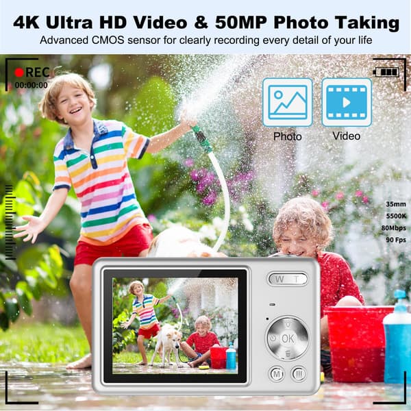4K digitalkamera sølv med 64 GB-kort og OTG-adapter